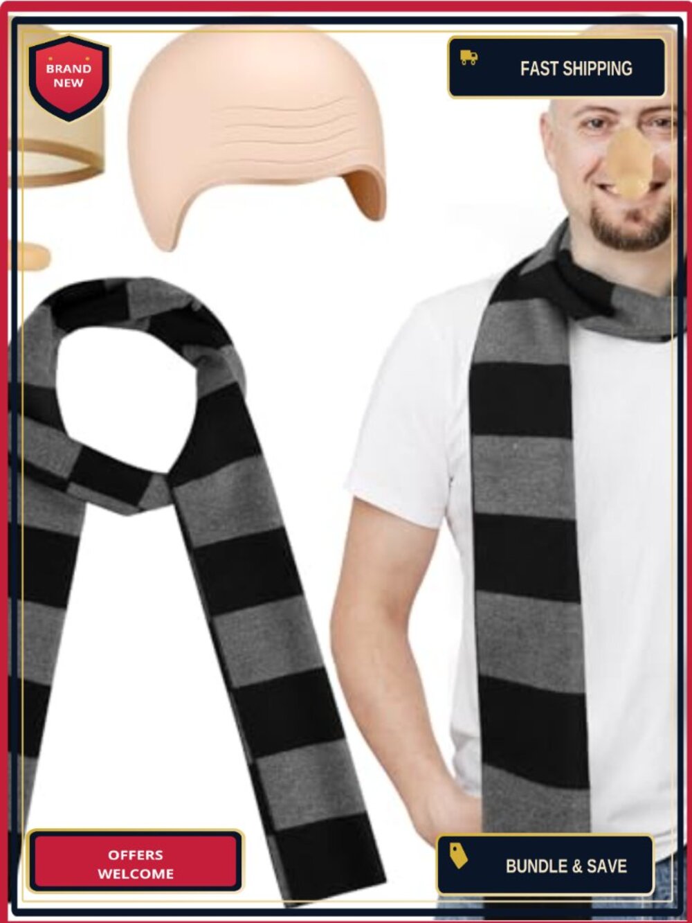 Adult Cosplay Costume Accessories Set Striped Scarf Latex Nose Bald Cap Wig Cap